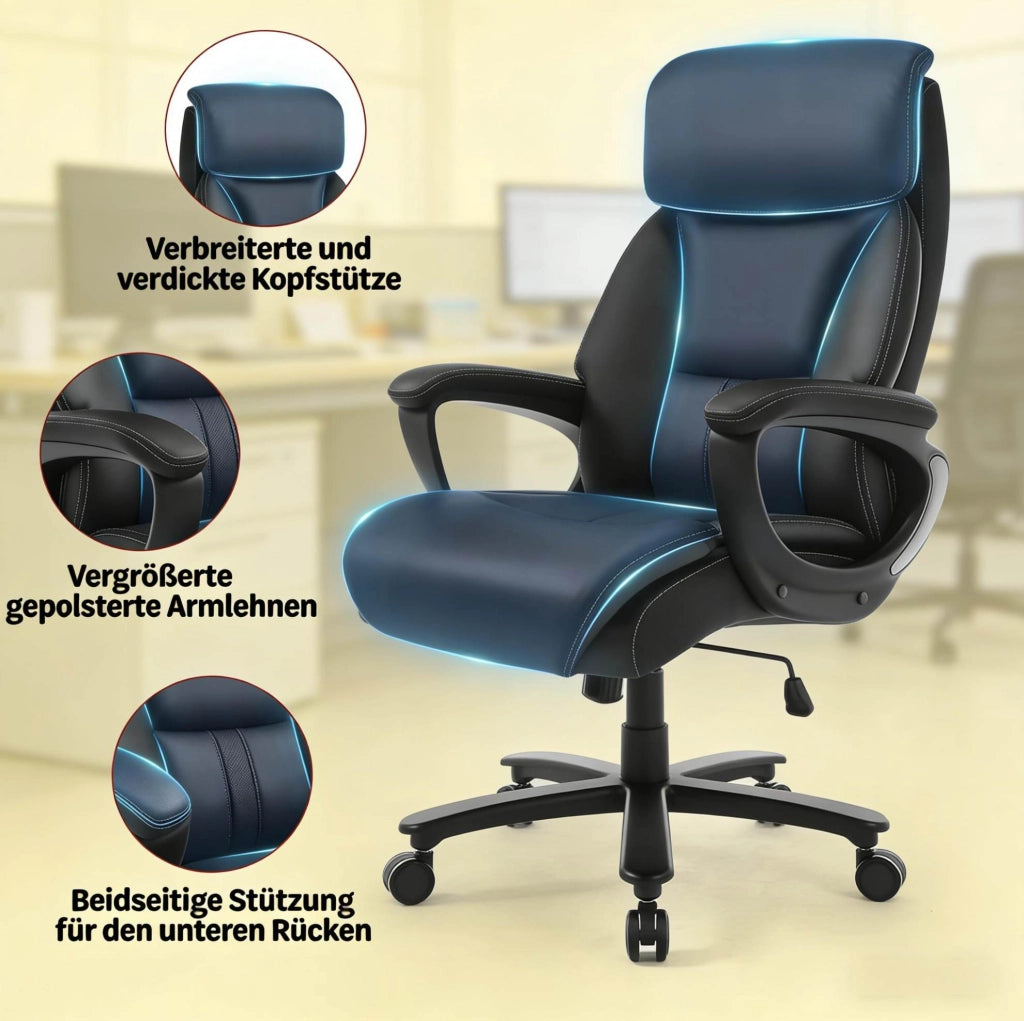 Sedia da ufficio ergonomica nera con poggiatesta regolabile e base in metallo