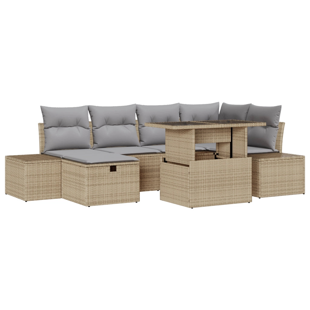 Set Divano da Giardino 7 Pezzi con Cuscini Beige Polirattan