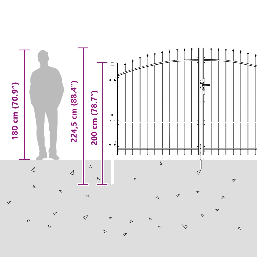 Cancello da giardino con punta a lancia, doppio battente, grigio, 175x300 cm in acciaio