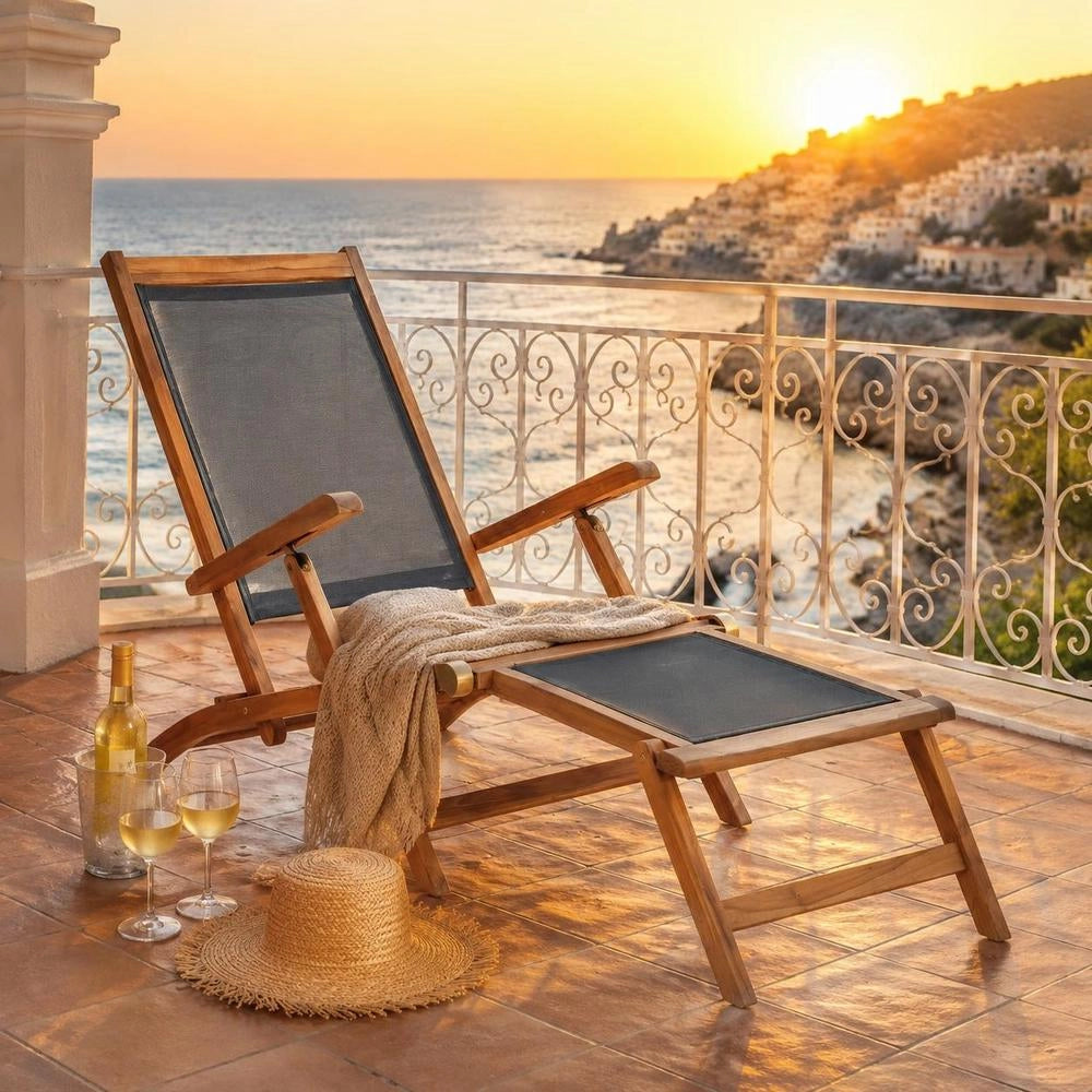 Sun Lounger With Footrest, Solid Teak Wood, Black
