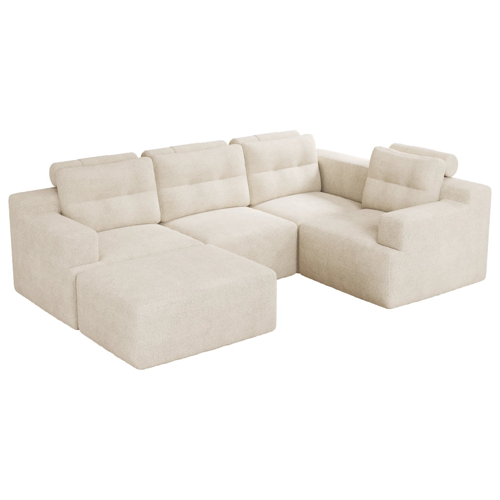 Divano modulare 5 posti - con schienale alto e pouf - in chenille beige
