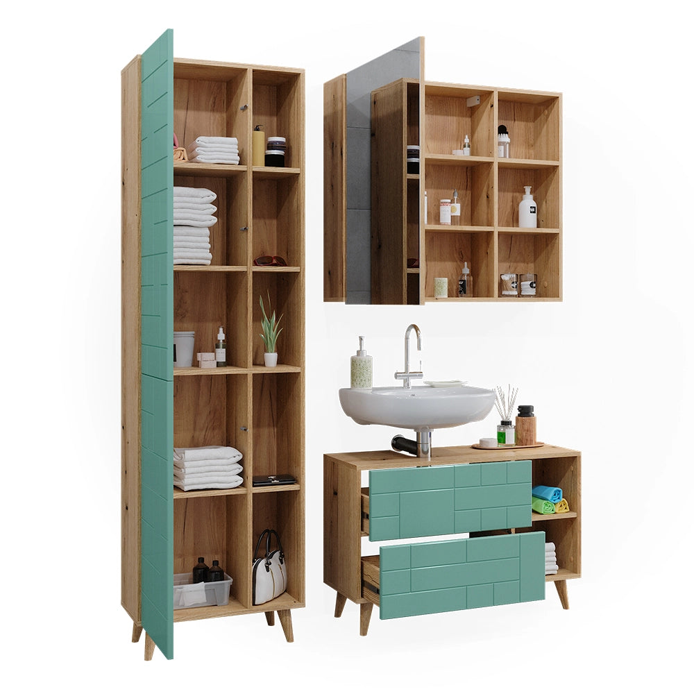 Vicco Set di mobili da bagno Verde menta 3 parti, con colonna