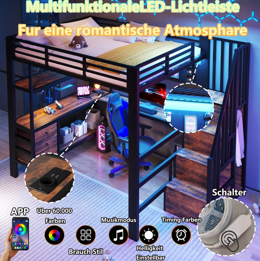 Letto a soppalco in metallo con scrivania, cassetti e LED
