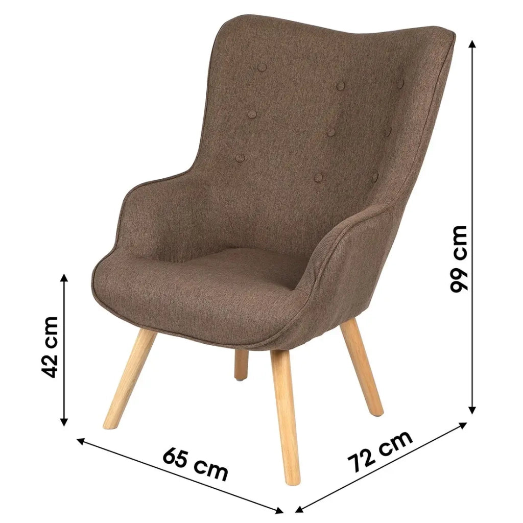 Poltrona da salotto in tessuto color tortora con piedi in legno, collezione ENJOY. Stile scandinavo.