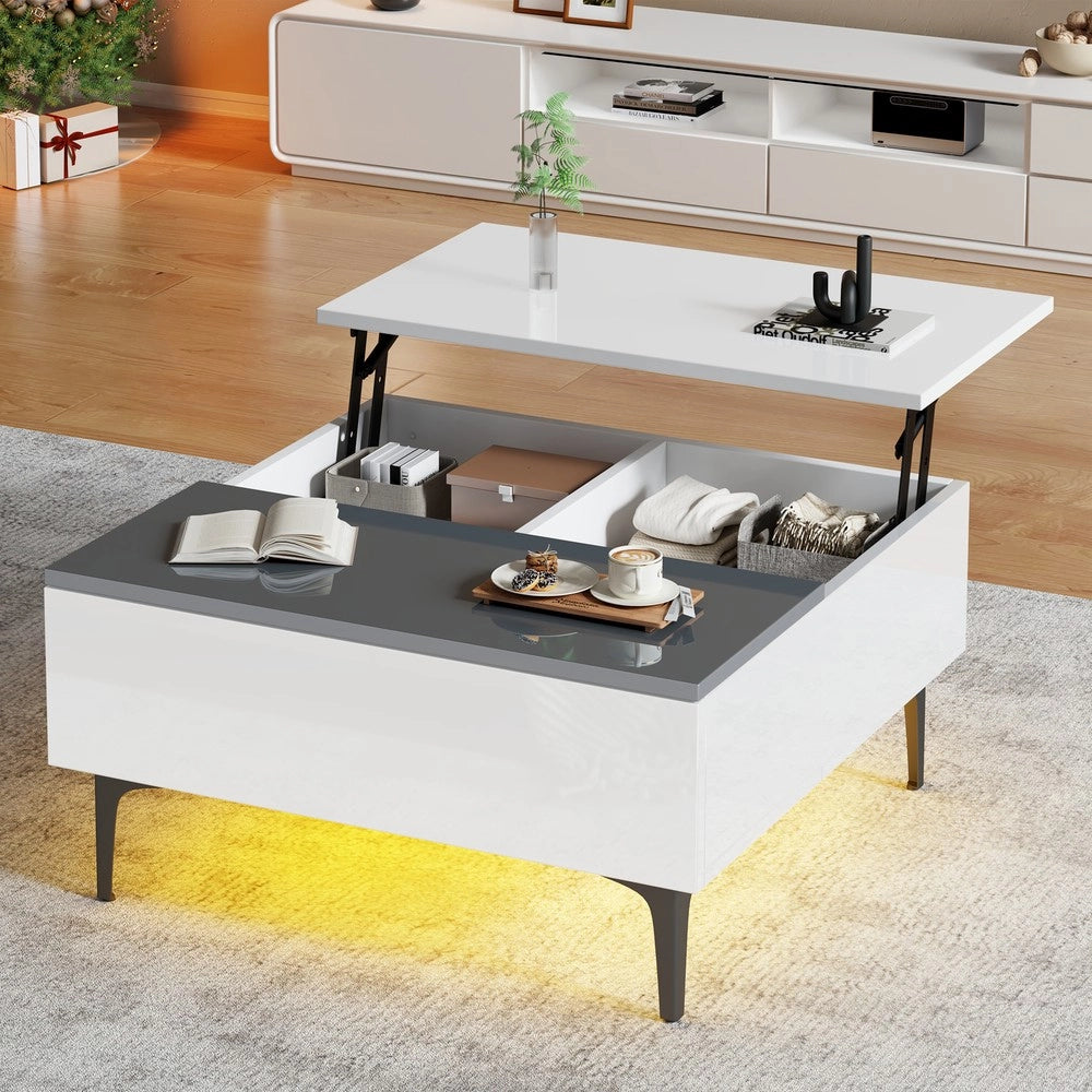 Tavolino da Caff¨¨ con LED e Cassetti ¨C MINIMAL ¨C Bianco Lucido, Ripiano, 70x70x35