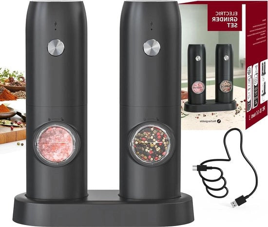 Molinello elettrico - ricaricabile via USB - set zucchero e pepe - sistema di macinazione ceramico - regolazione della finitura - molino automatico per cucina domestica.
