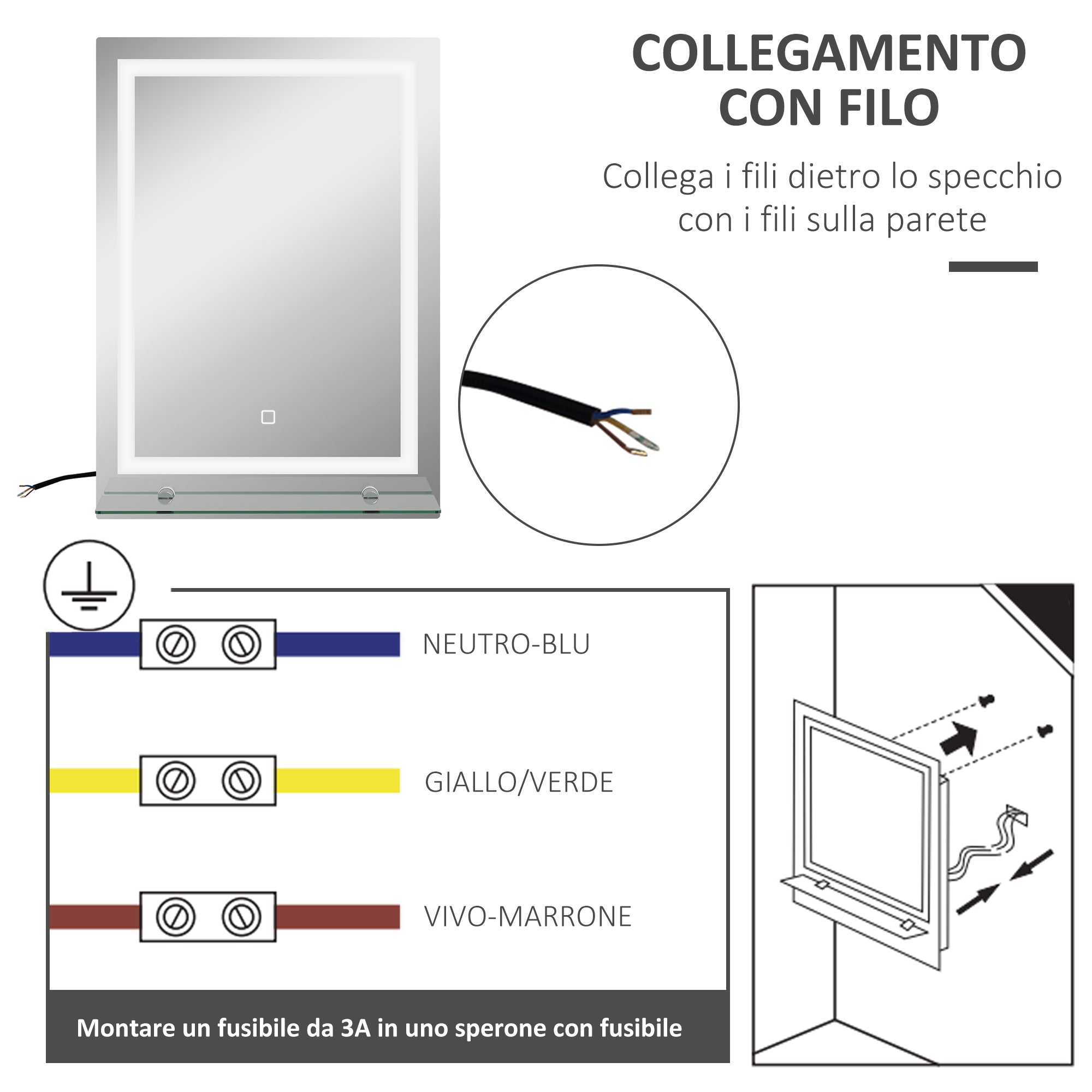 Specchio Bagno a Parete Cornice Luce LED a 3 Colori Mensola in Vetro 50x12x70 cm