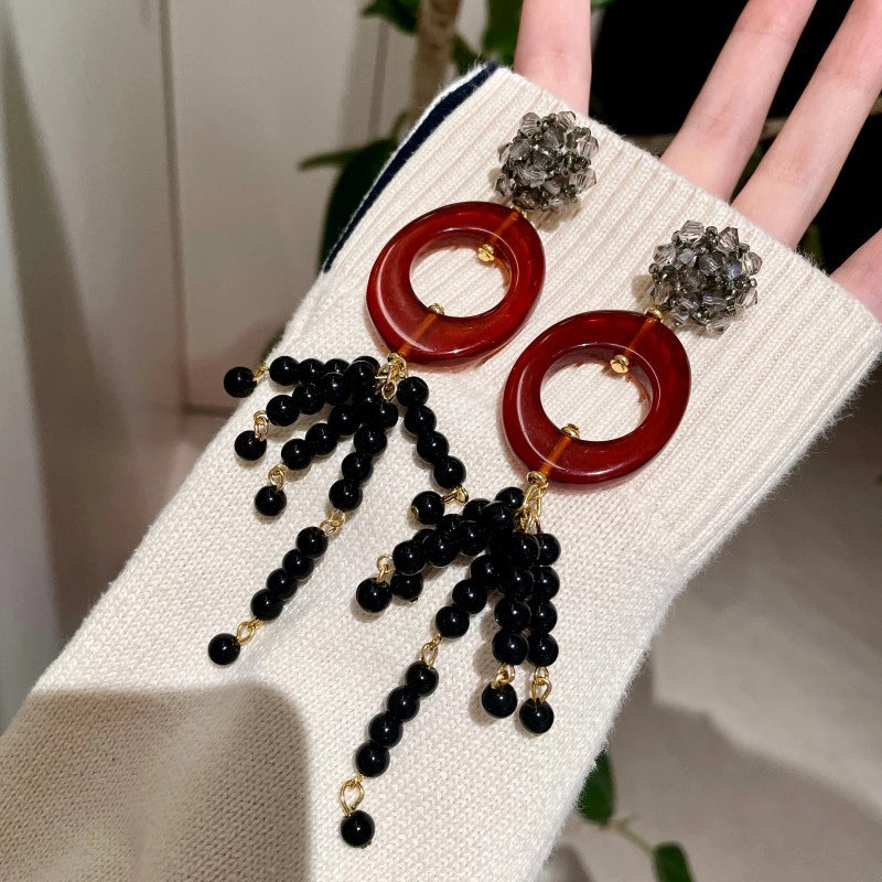 Orecchini in stile vintage con cristalli, perni ovali di cristallo nero di tonalit¨¤ media, marrone medio.