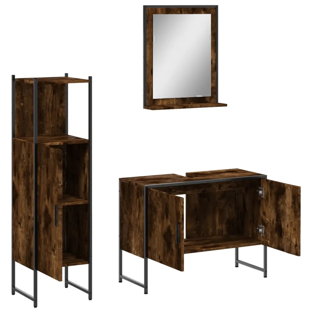 Set Mobili da Bagno | Armadio da bagno 3 pz Rovere Fumo in Legno Multistrato