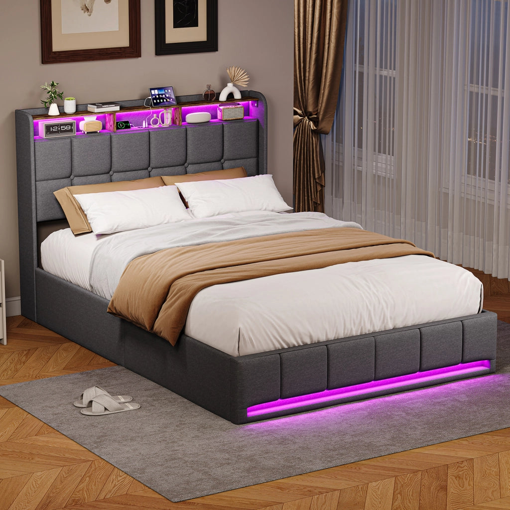 Letto una piazza e mezza 140x200 cm con contenitore LED USB testiera con mensola rete a doghe in lino - grigio