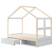 Letto Casetta 90 x 190 cm; Letto Singolo - Cassetto; Scarpiera e LED - in Legno - Naturale