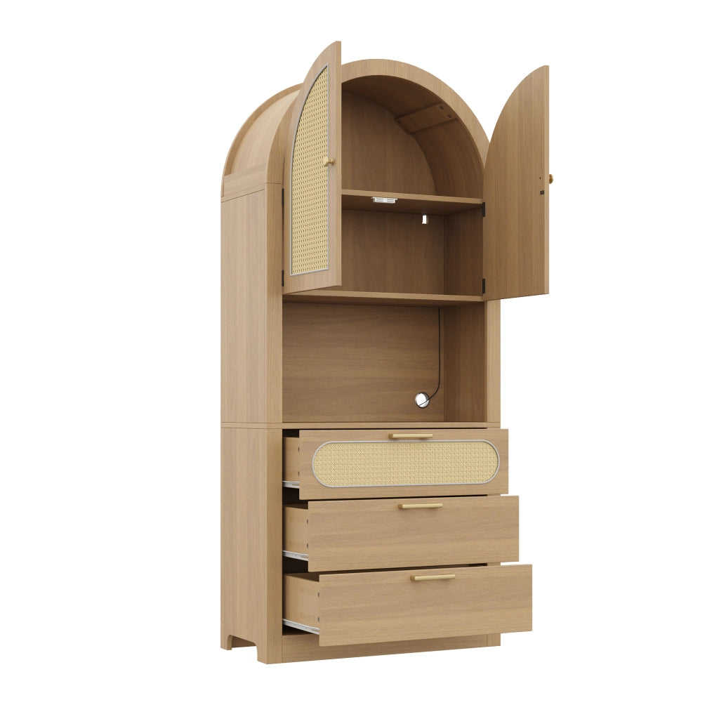 Credenza con 2 ripiani, 1 vano espositivo, 3 cassetti e LED, per soggiorno, in MDF, rovere chiaro, 80 × 35 × 180 cm