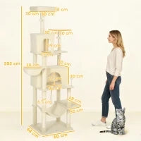 Albero Tiragraffi per Gatti con Piattaforma, Torre, Letto, Tane e Pali in Sisal 60x48x202 cm Beige