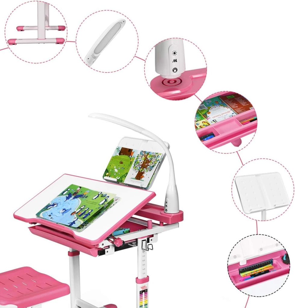 Scrivania per Bambini con Sedia, Tavolo con Lampada, Cassetto e Ripiano di Lettura Inclinabile, Regolabili in Altezza e Schienale, per Studio/Pittura, Carico di 80kg, 66x47x54-76cm (Rosa)