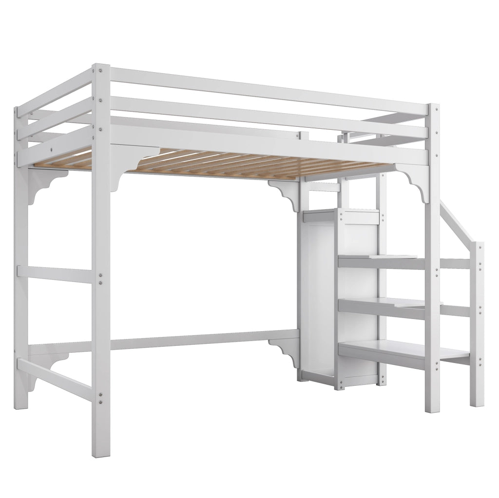 Letto a soppalco 140x200 cm; con armadio e scala contenitore; pino e MDF; bianco