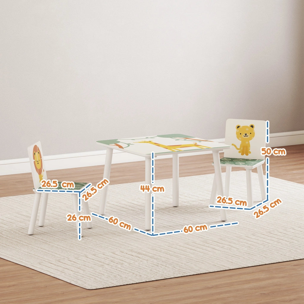 Set Tavolino e 2 Sedie per Bambini 3-8 Anni in MDF Fantasia con Animali Verde