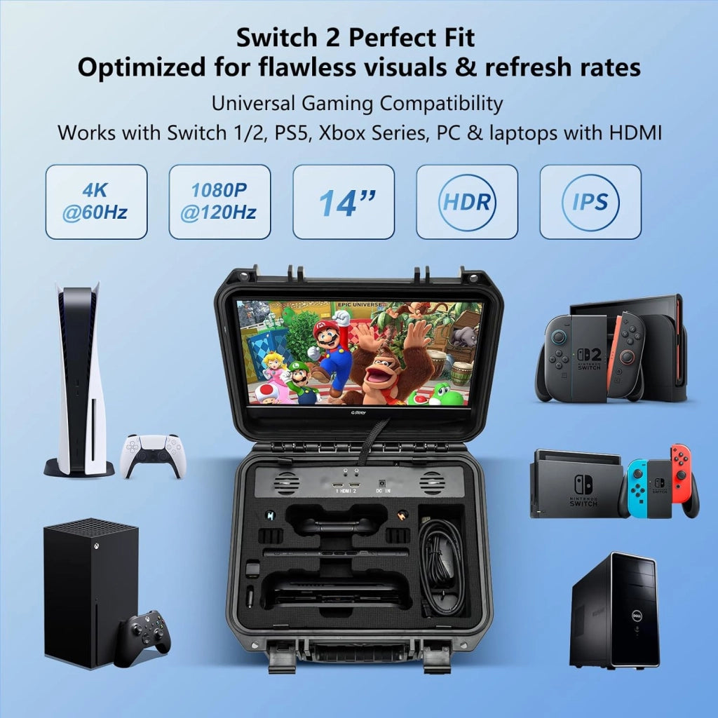 14‘’ Custodia per Monitor Portatile per Switch 2, IPS 4K&60Hz o 1080P&120Hz, Sacca da Viaggio Antishock con HDMI, Modalità Gioco, Monitor da Viaggio per Switch2 (non incluso)
