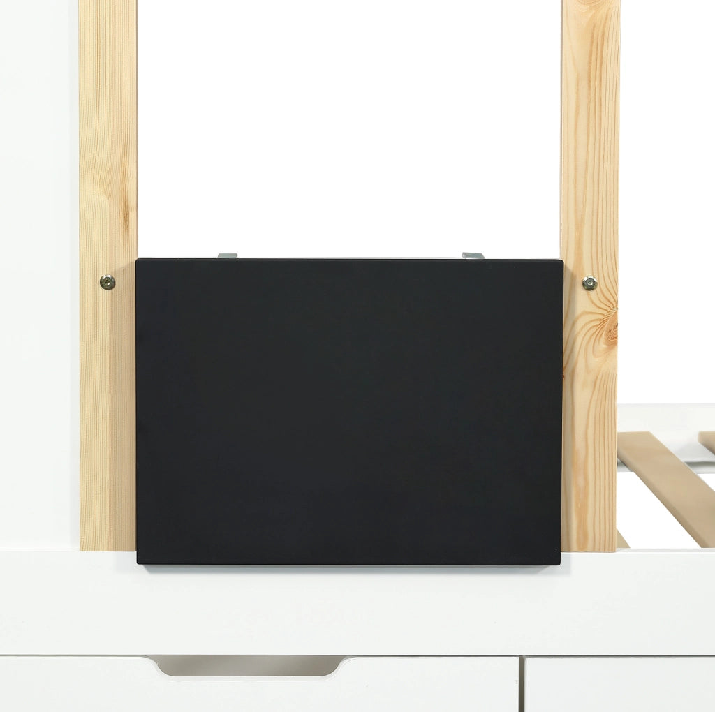 Letto a castello per bambini 90x200 cm con scala contenitore, 3 cassetti e lavagnetta, bianco e naturale