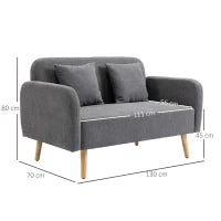 Divano Doppio Rivestimento con Cuscini, Divanetto in Tessuto, Design Compatto Moderno a Due Posti, Regolabile in Altezza, Vellutato, Poliestere, Gomma, Legno, Schiuma, 130 x 70 x 80 cm, Grigio e Naturale