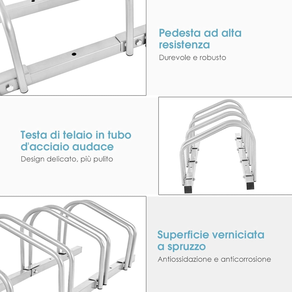 Rastrelliera per Biciclette, Portabiciclette Parcheggio Organizzatore per 4/5/6 Bici, Parcheggio per Biciclette, Telaio d'Acciaio (Argento, 4 Bici)