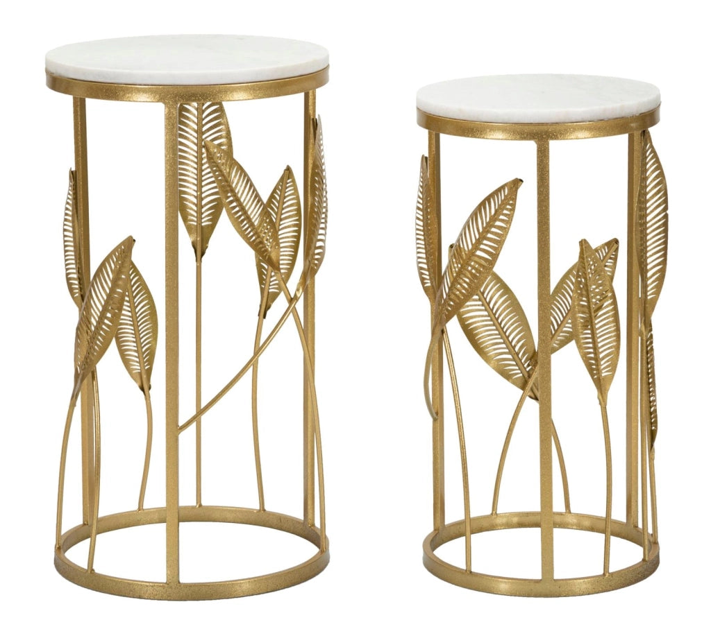 Set 2 Tavolini Leaf Ø35 cm e Ø30 cm in Ferro e MDF Oro