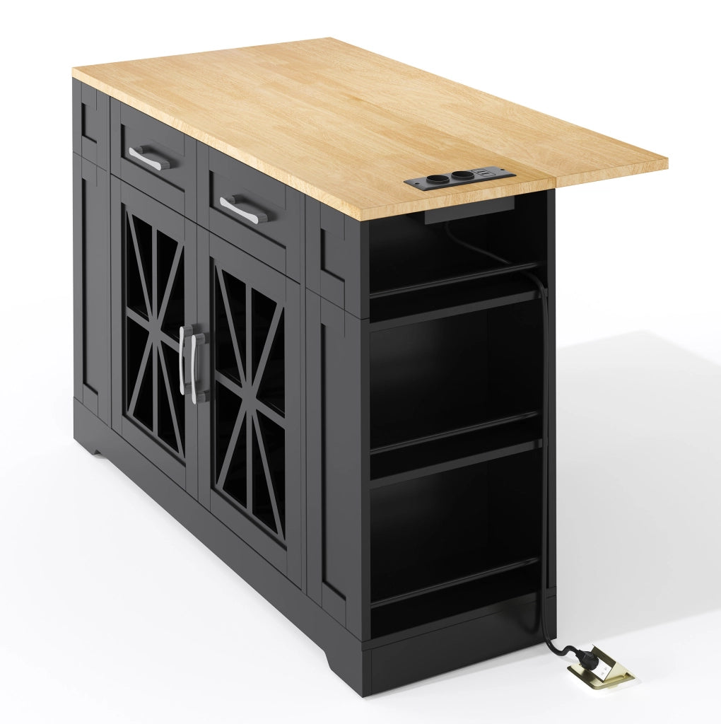 Isola cucina mobile con piano ribaltabile 120x40(65) cm in MDF nero e naturale