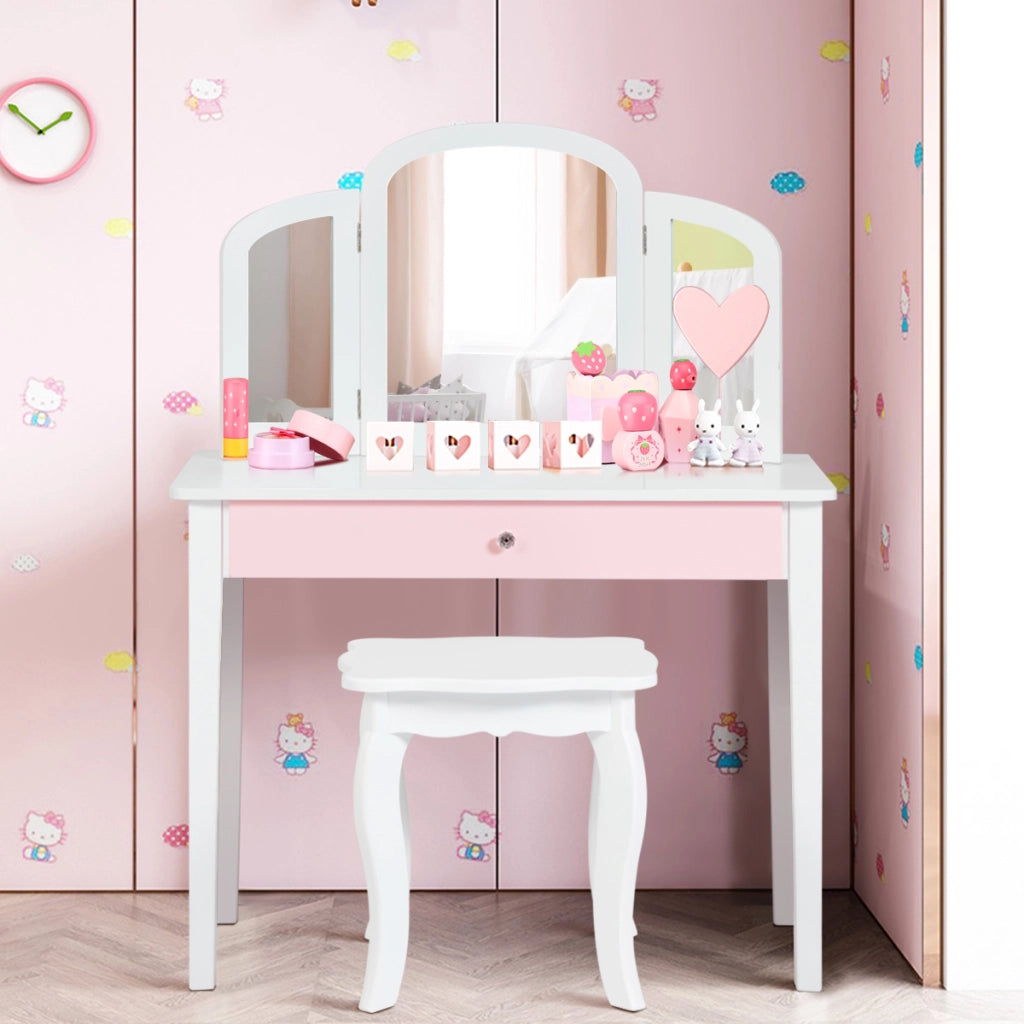 Set toeletta con con specchio tripartito e cassetto per bambini, Scrivania smontabile 2 in 1 per leggere Bianco-Toelette per bimbi