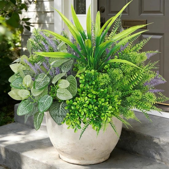 Set di piante artificiali da 12 pezzi - Piante artificiali resistenti all'usura - Piante per balcone in plastica - Piante verdi per esterno - Senza manutenzione - Resistenti ai raggi UV - Piante artificiali per esterno