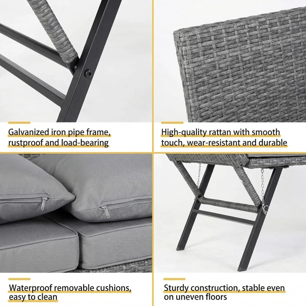 Panchina da giardino in polyrattan con funzione sdraio, 2 posti, divano da giardino in rattan con braccioli regolabili, terrazzo, divano da balcone resistente alle intemperie, colore: grigio