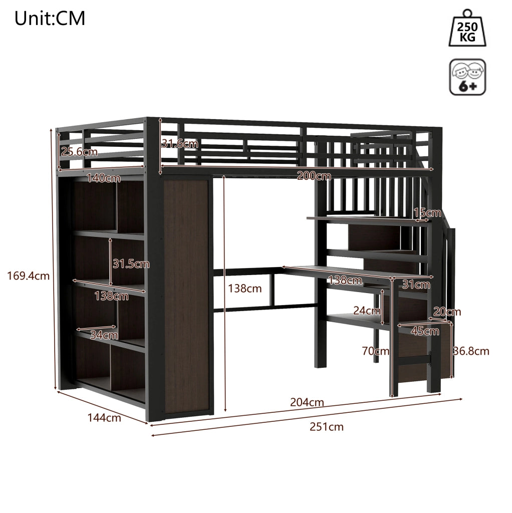 Letto a soppalco 140x200 cm con scrivania; scaffali; scala contenitore e LED in metallo e MDF nero