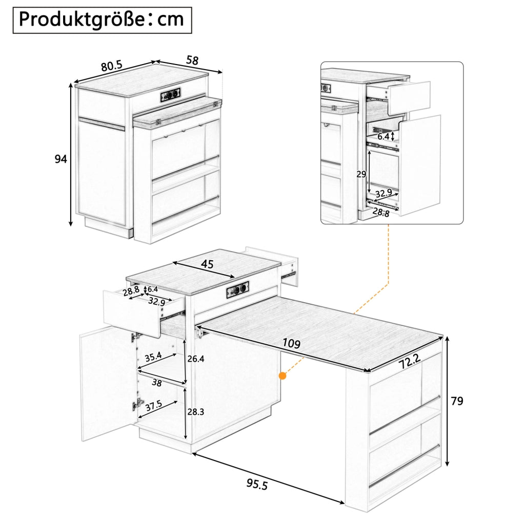 TAVOLO Estensibile 58-154x80,5x94 cm Bianco MDF con LED e ricarica USB/Type-C