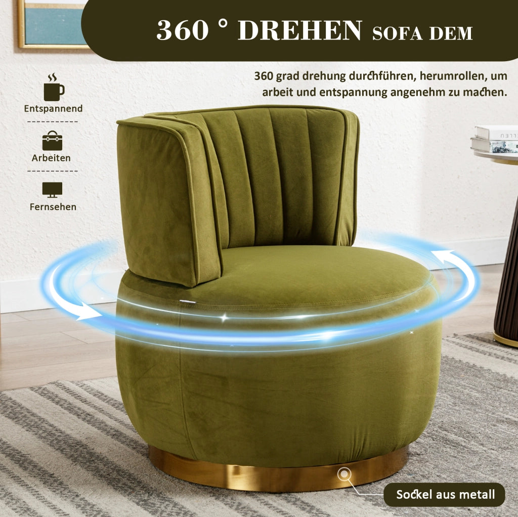 Poltrona girevole a 360° in velluto verde oliva; con schienale ergonomico; 62;5 x 62 x 69;5 cm