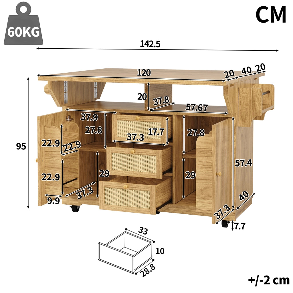 Carrello da cucina estensibile con spazio nascosto; cestini laterali e cassetti in rattan PE per cucina e balcone