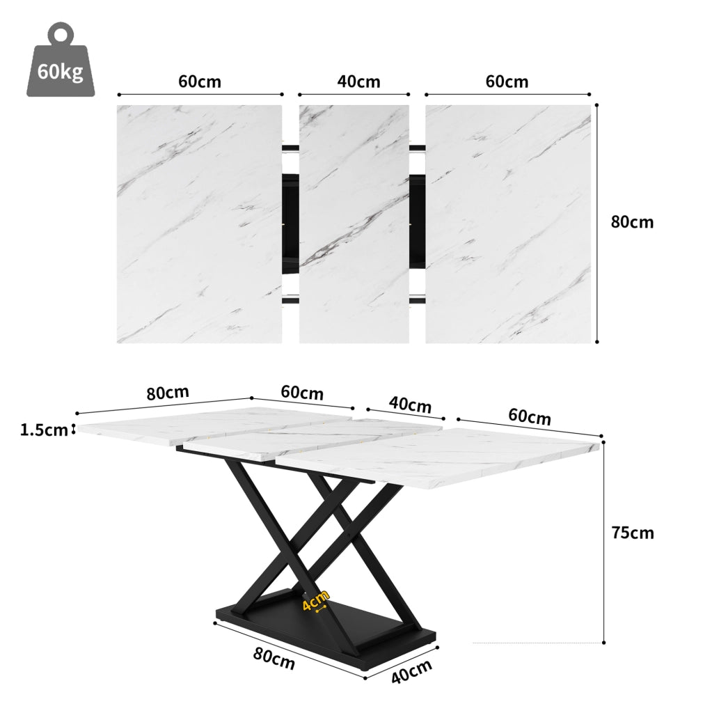 Tavolo da pranzo allungabile 120-160x80x75 cm; MDF e metallo; bianco e nero