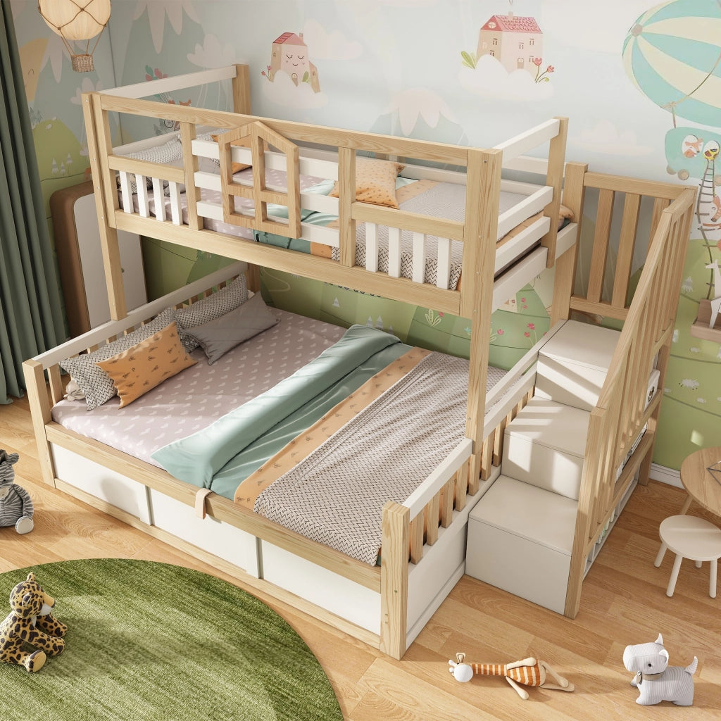 Letto a castello per bambini, 90/140 x 200 cm, con sponde di protezione e spazio contenitivo, bianco e color legno