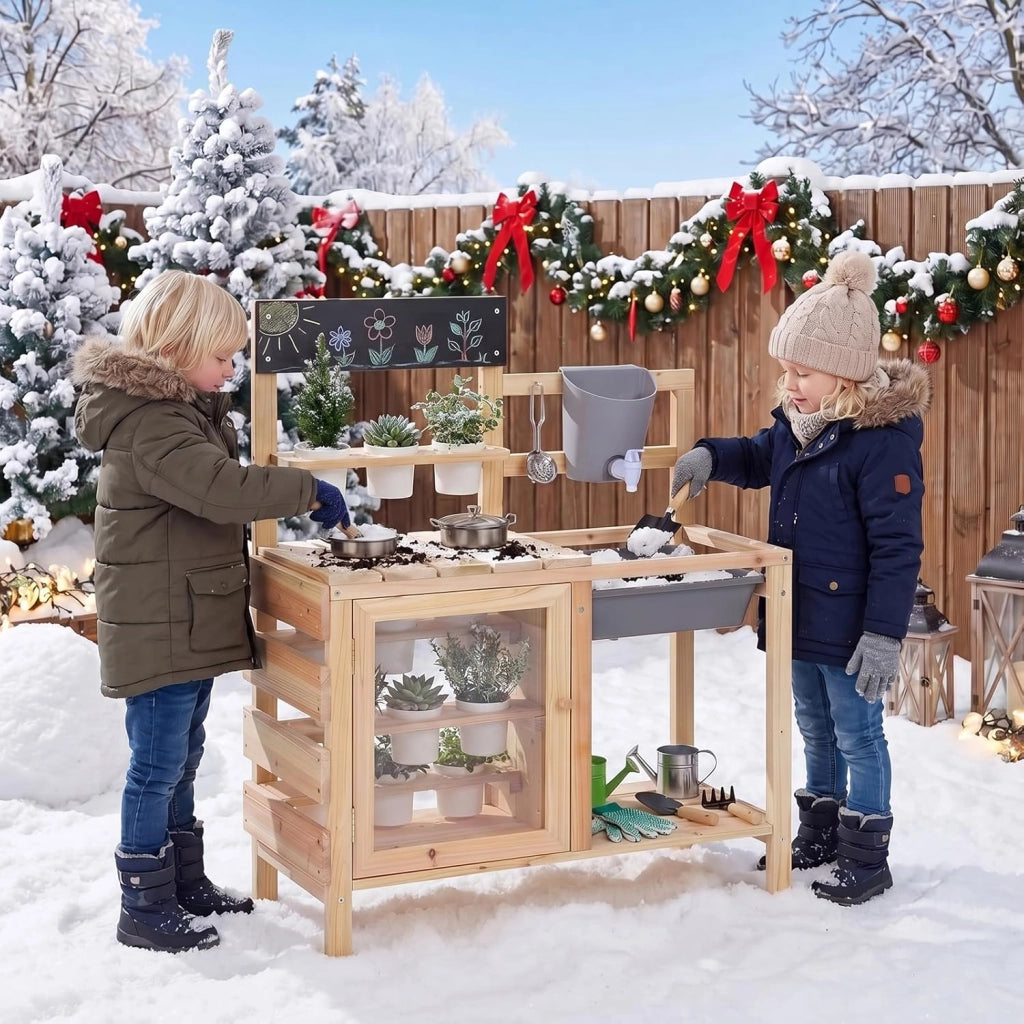 Cucina per Bambini in Legno, Cucina di Fango da Esterno con Serbatoio, Lavello, 12 Vasi di Fiori Rimovibili, Lavagna, Ripiano Inferiore e Accessori per Cucinare per Bambini 3+ Anni