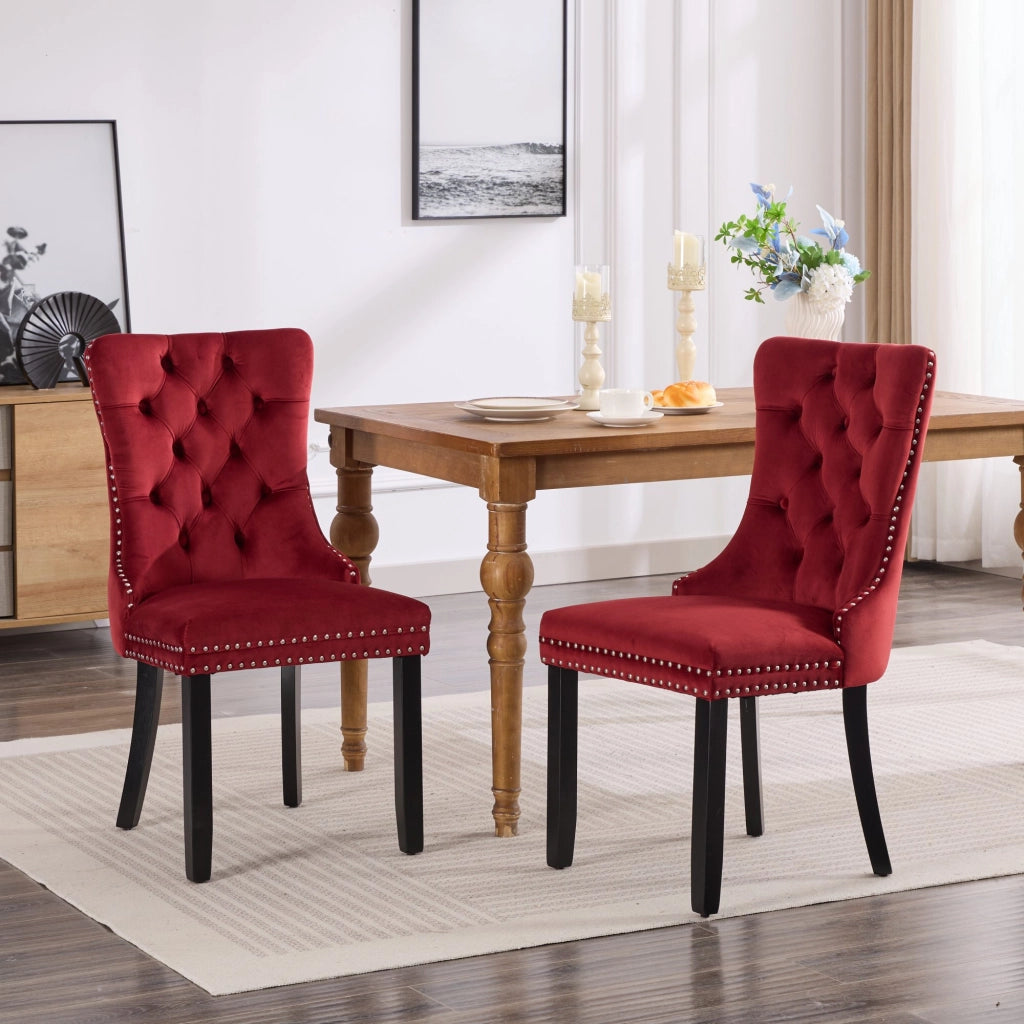 Sedie da Pranzo in Velluto Imbottite con Gambe in Legno ¨C MINIMAL ¨C Set 2 Pezzi, Bordeaux