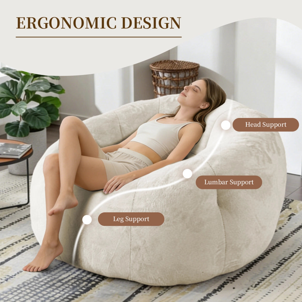 Fauteuil pouf rotondo in flanella con struttura stabile e seduta ampia per soggiorno e camera da letto bianco