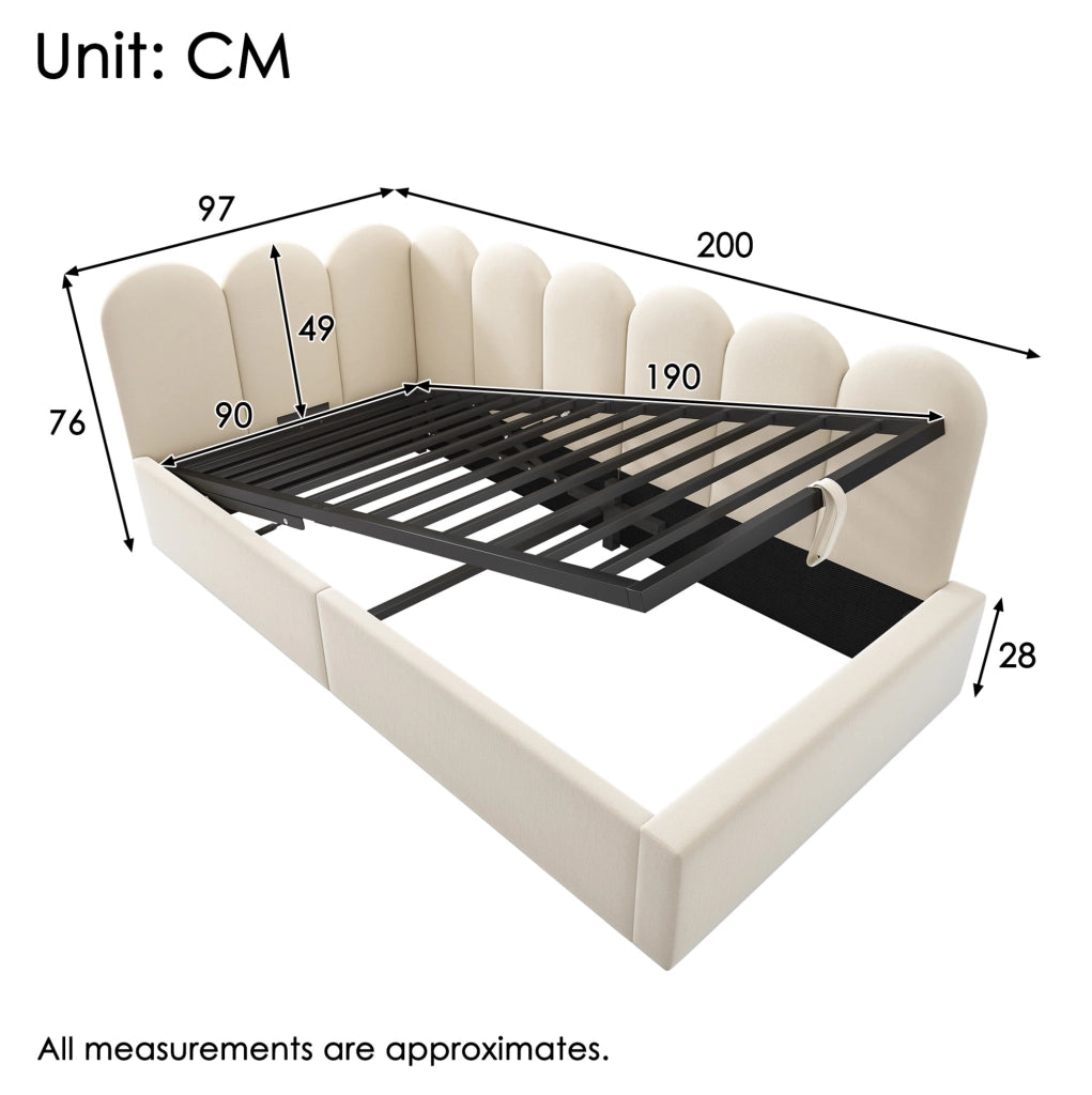 Letto giorno 90x190 cm con contenitore idraulico; velluto beige (Senza materasso)