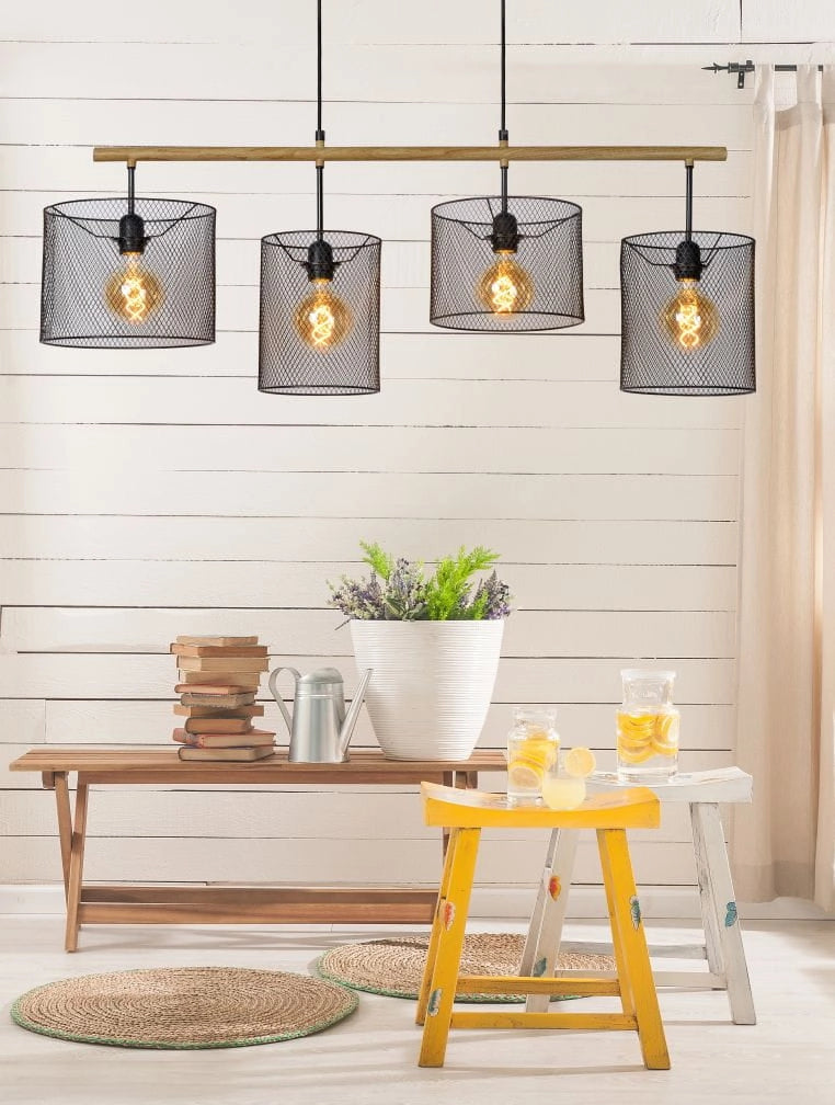 Lucide Baskett lampadario 4 luci E27 nero/legno regolabile