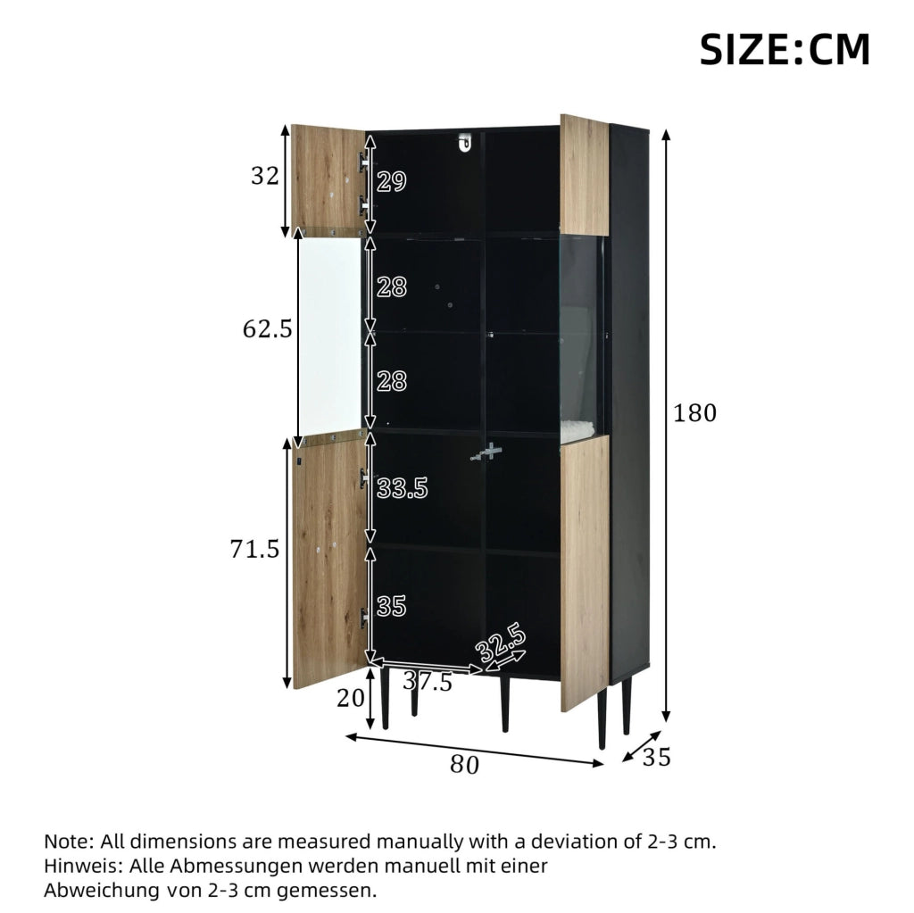 Vetrina moderna 80 x 35 x 180 cm con LED; 10 ripiani; ante in vetro temperato; nero e legno naturale