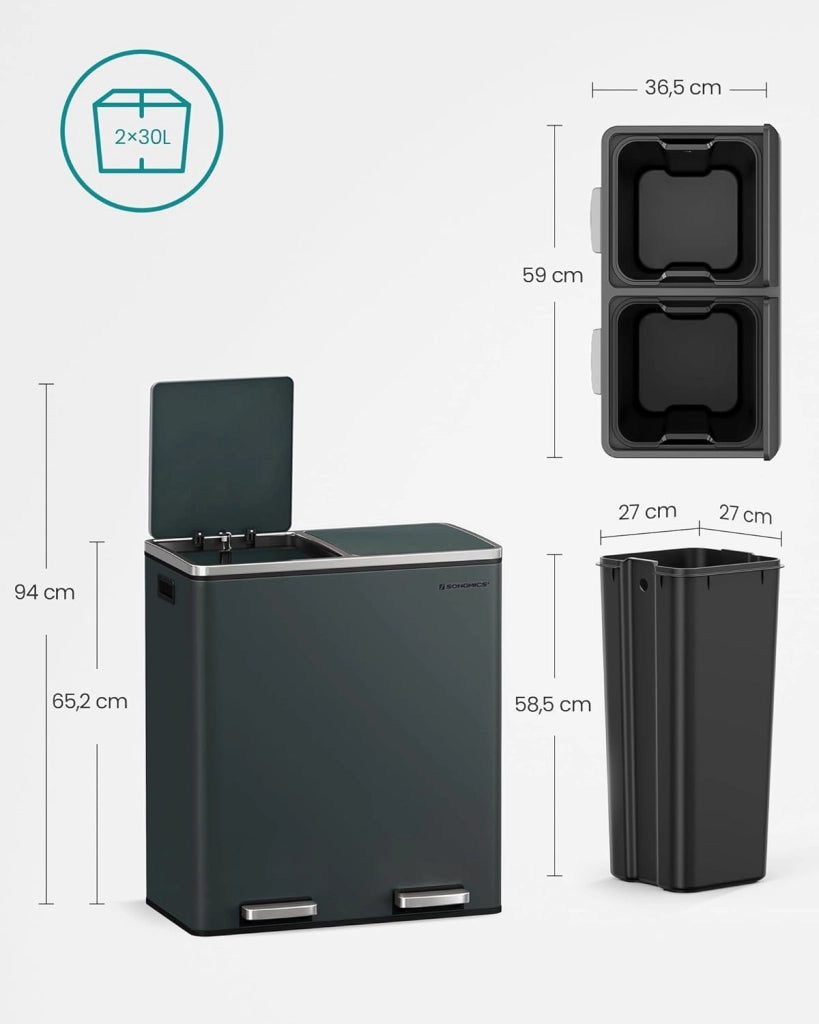 Pattumiera a 2 Scomparti, con 2 x 30L Secchi Interni per Spazzatura Differenziata, 15 Sacchi della Spazzatura, Pedali e Coperchi a Cerniera, Chiusura Morbida, Grigio Verdastro LTB60GS