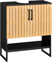 Mobile Sottolavabo Bagno 60 cm Mobiletto Salvaspazio con Ante in Bambù e Piedini in Metallo Armadietto Moderno Sotto Lavabo per Bagno Piccolo BZR202-SCH