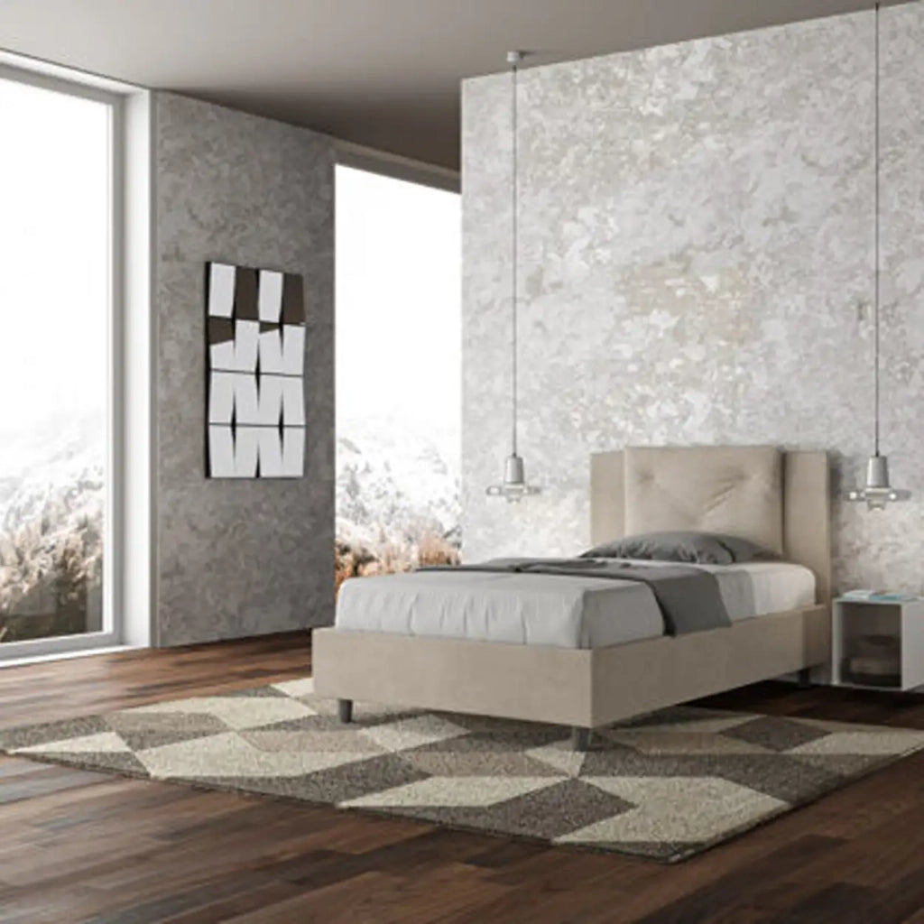 Letto una piazza e mezza contenitore imbottito 120x200 microfibra sabbia Appia
