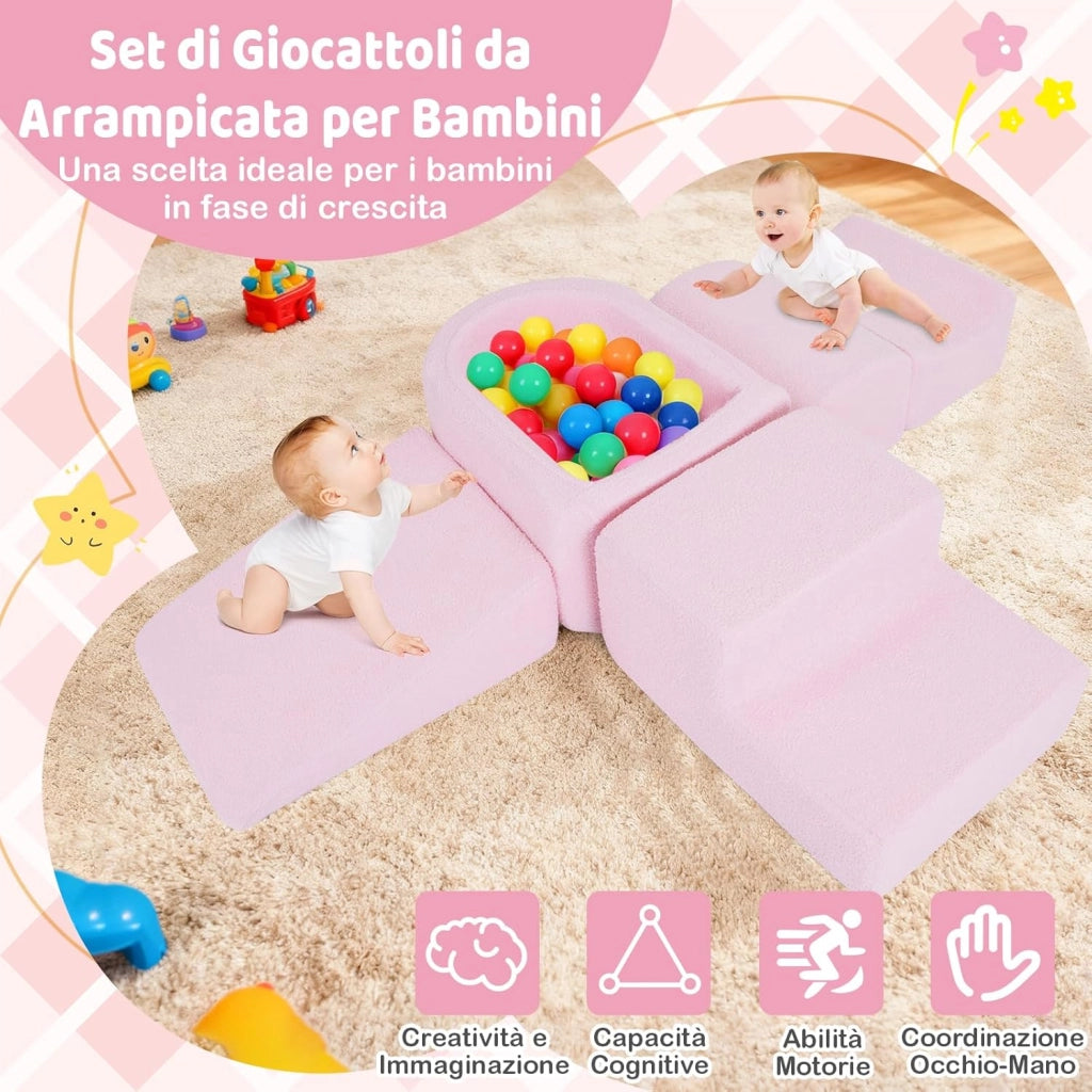 Blocchi da Arrampicata in Schiuma per Bambini, con Piscina di Palline, Set di 5 Pezzi per Arrampicata e Strisciamento, Set da Gioco da Interno per Bambini 3 Anni+ (Rosa,Sherpa)