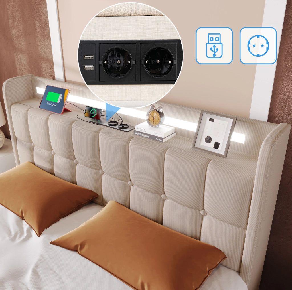 Letto matrimoniale 140x200 cm beige con prese USB; LED e 4 cassetti contenitore