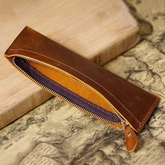Borsa per Pennarelli in Pelle - Borsa per Documenti Retro con Tasca per Pennarelli e Raccordo per Studenti e Professionisti