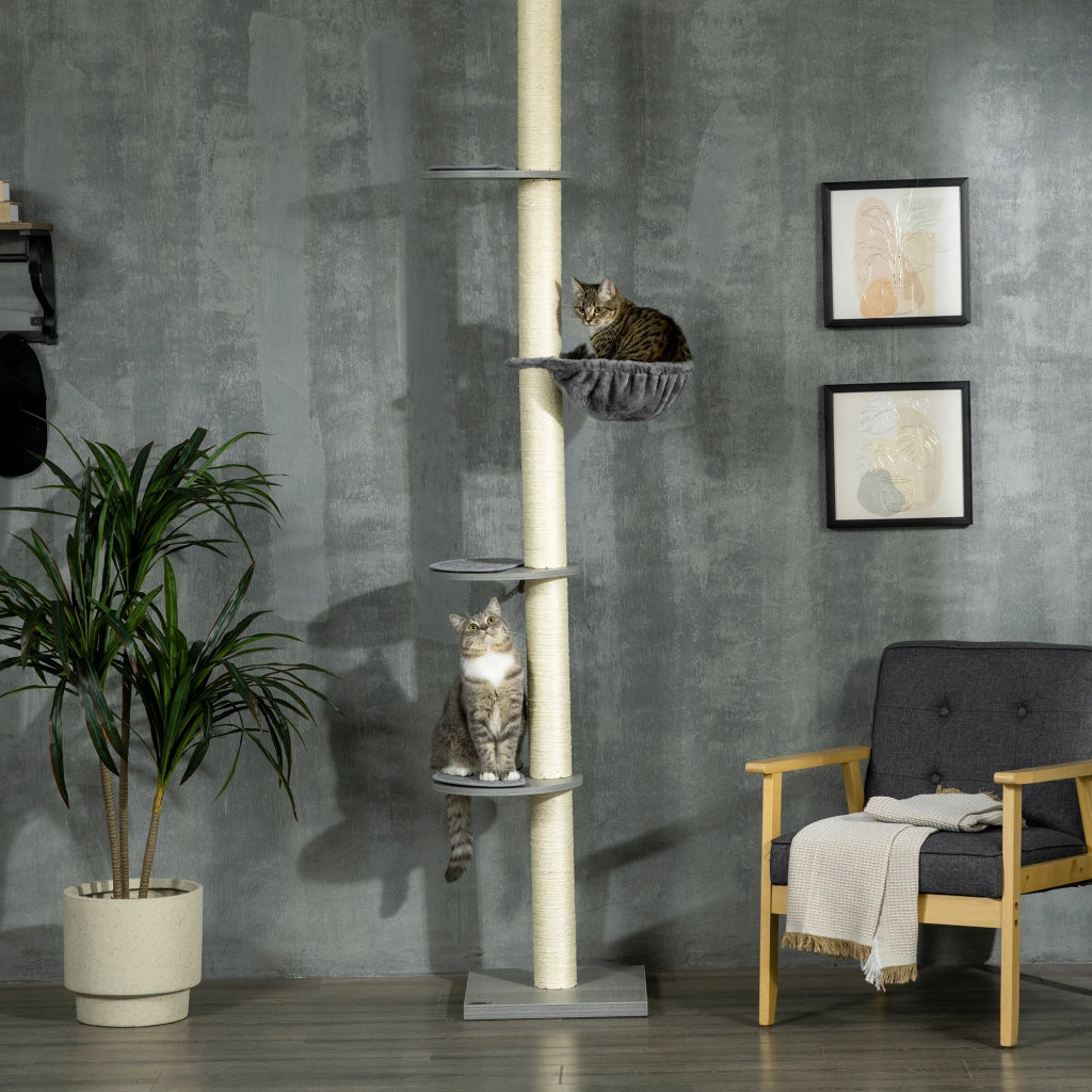 Albero tiragraffi da soffitto regolabile 230-250 cm grigio con tiragraffi, pedane e amaca per gatti fino a 5 kg