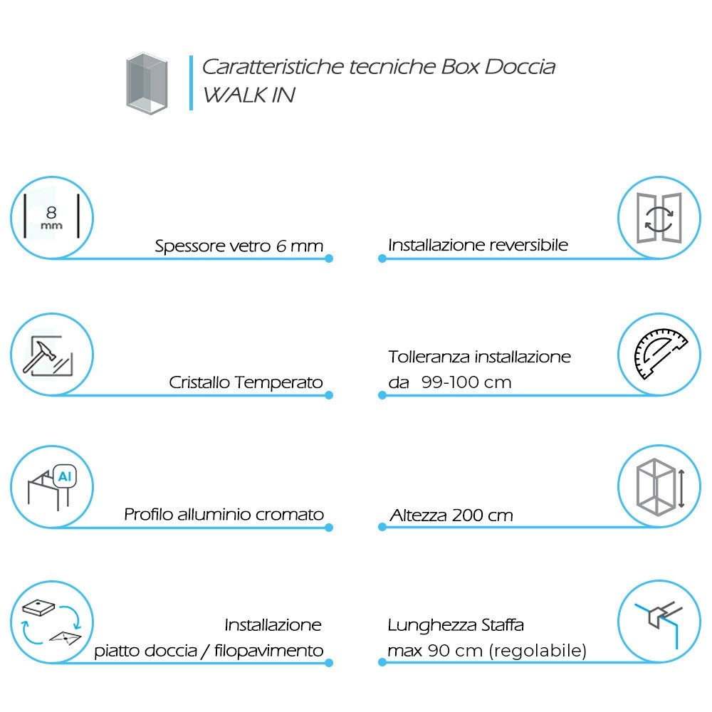 Doccia Walk-In 100 cm trasparente 6 mm profilo cromo H 200 cm Klug