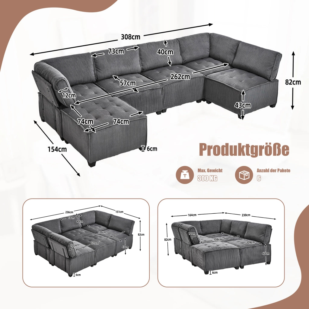 OKWISH Divano Modulare 6 Posti, Configurabile a U o L e Funzione Letto, Tasche Laterali, Velluto a Coste, Grigio